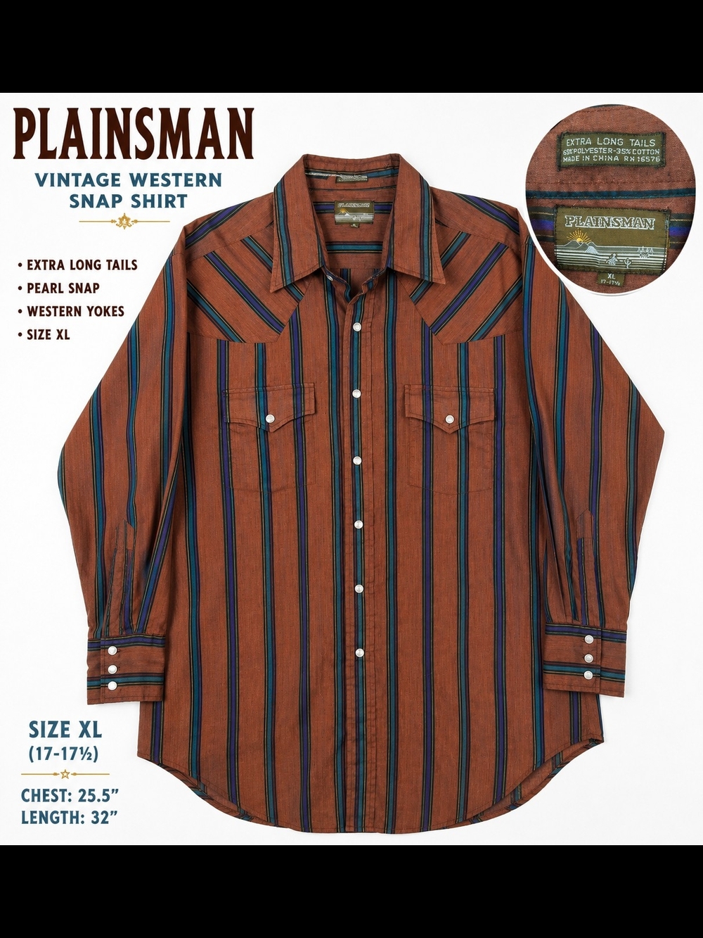 Vintage Plainsman Western Pearl Snap Shirt Rust Striped Cowboy Ranchwear XL
